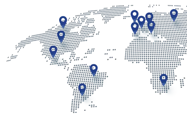 Stylized world map with markers in various countries.